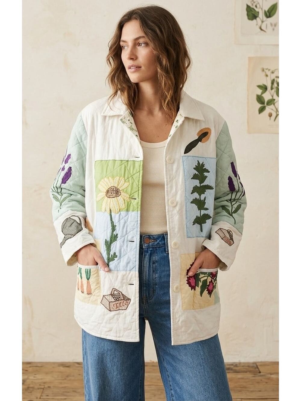 Vintage Patch Magic Quilted Applique Patchwork Garden Chore Coat L Cottagecore
